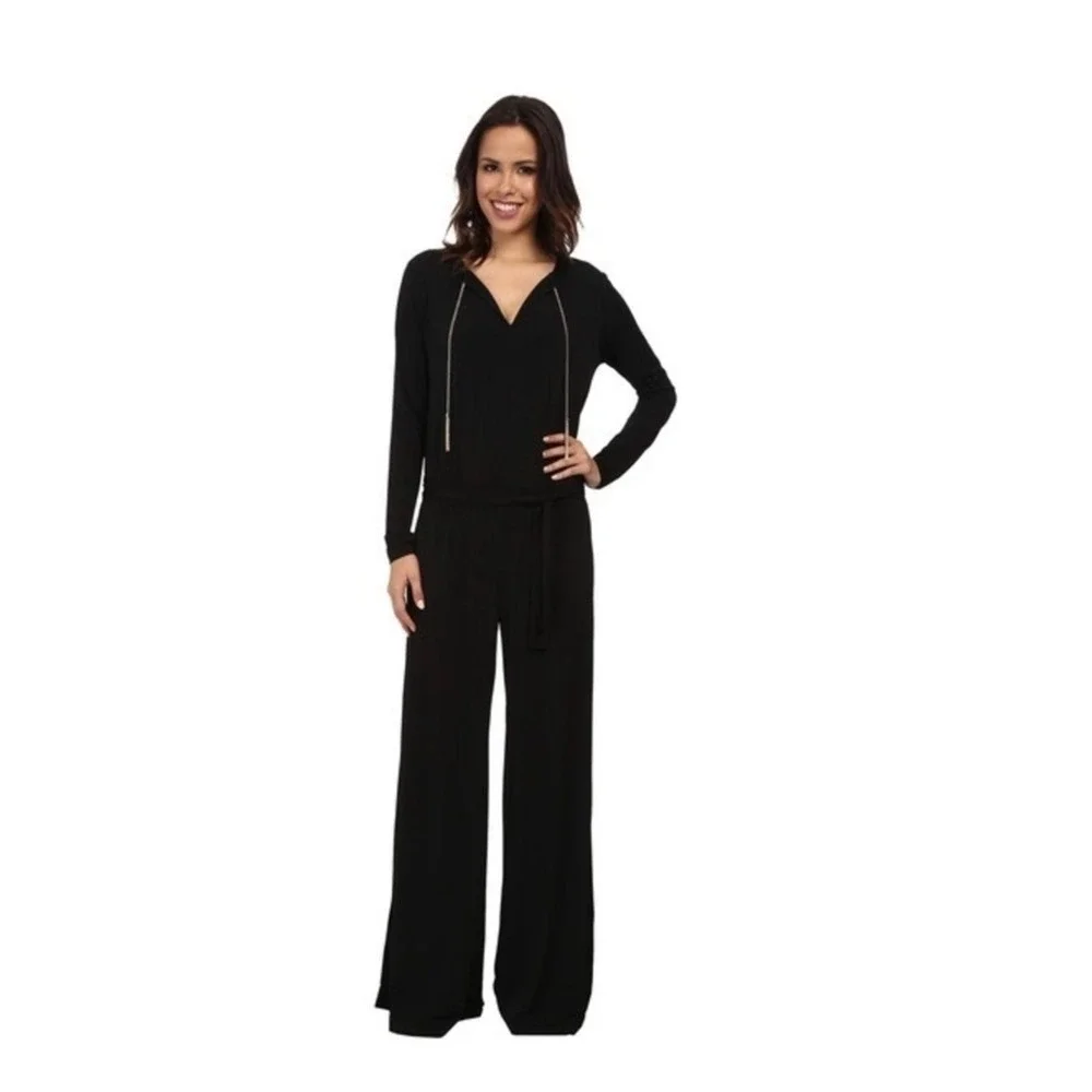 Michael Michael Kors Black Wide Leg Jumpsuit‎ Gold Chain Tassel V-Neck Medium